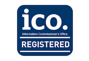 ICO Registered badge: Dark blue square with white 