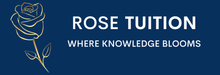 Rose Tuition logo: gold rose illustration and white text on dark blue background. 