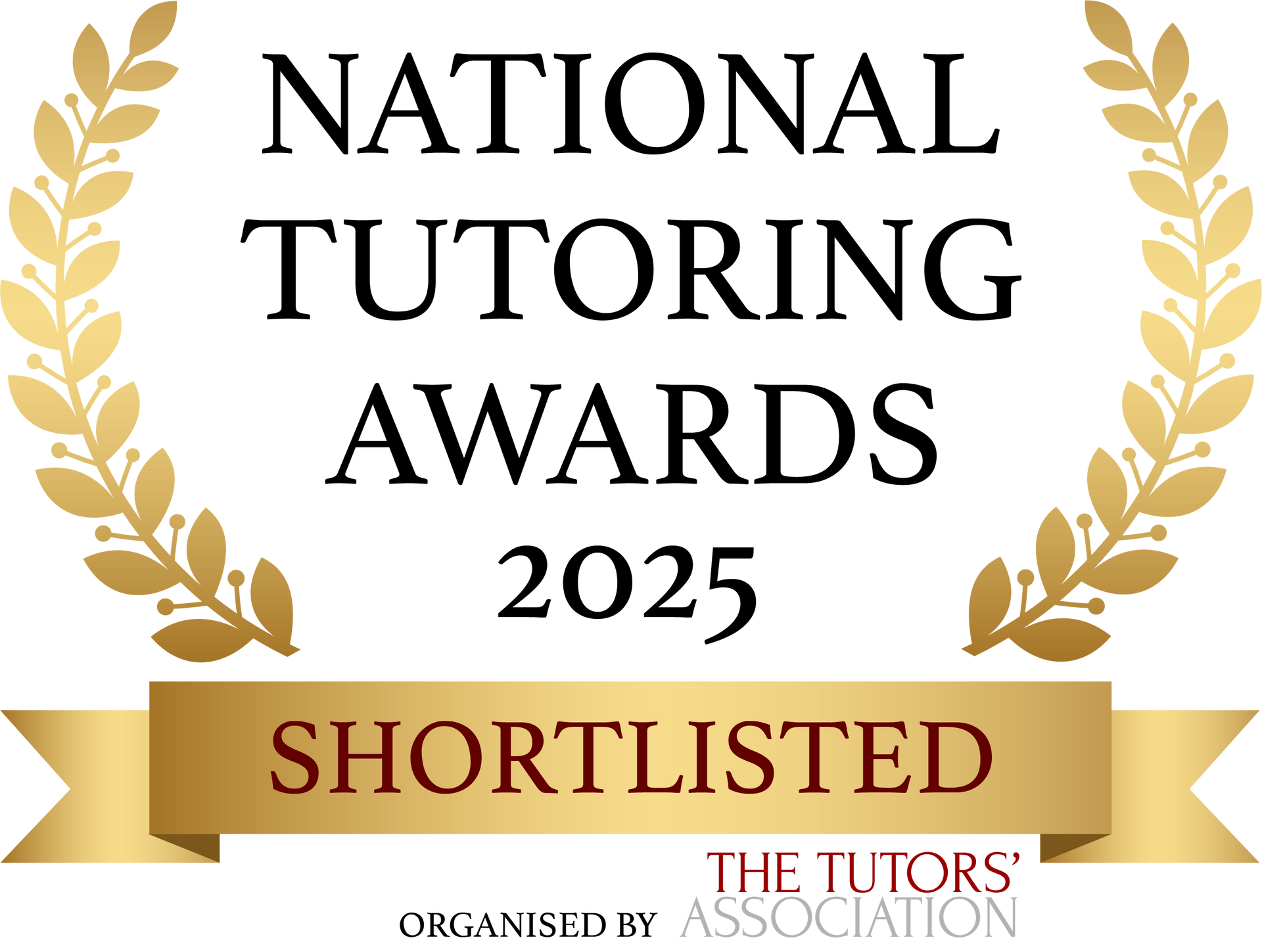 National Tutoring Awards 2025 logo: Shortlisted, gold laurel wreath and ribbon, organized by The Tutors' Association.