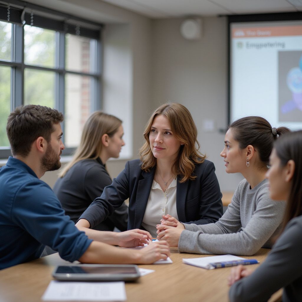 People seated around a table, engaged in a discussion; presentation visible on projector screen.