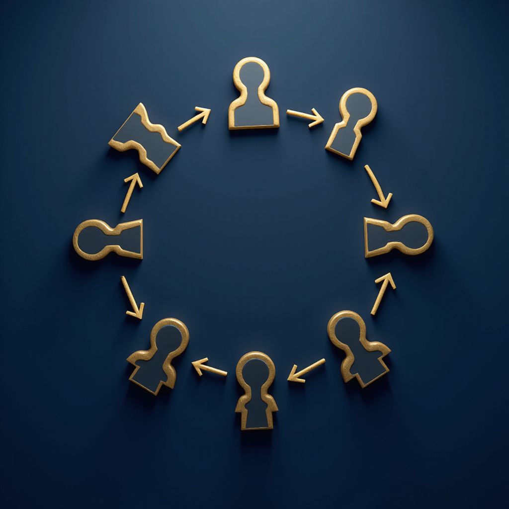 Circle of gold-rimmed cutouts, each a different lock or key shape, connected by arrows on a dark blue background.