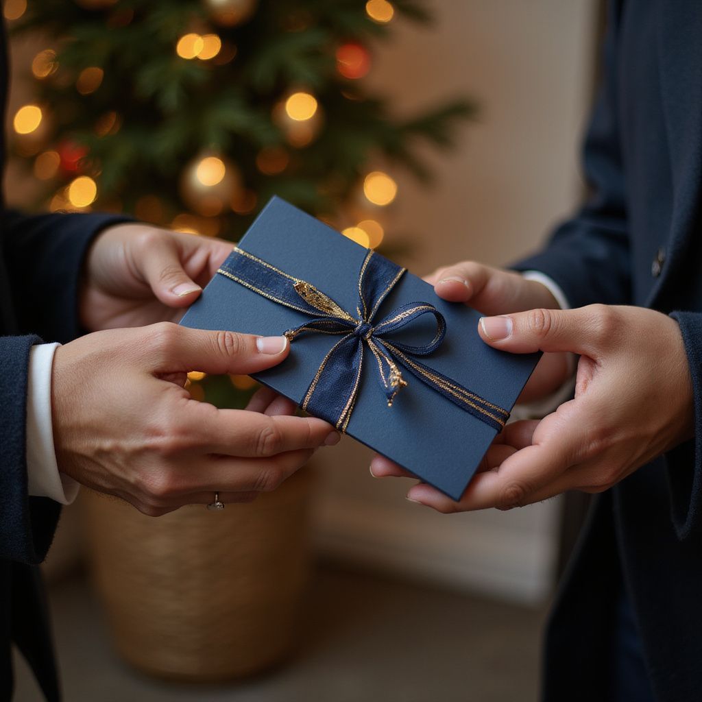 Two people exchanging a navy blue gift with a dark blue and gold ribbon, near a Christmas tree.