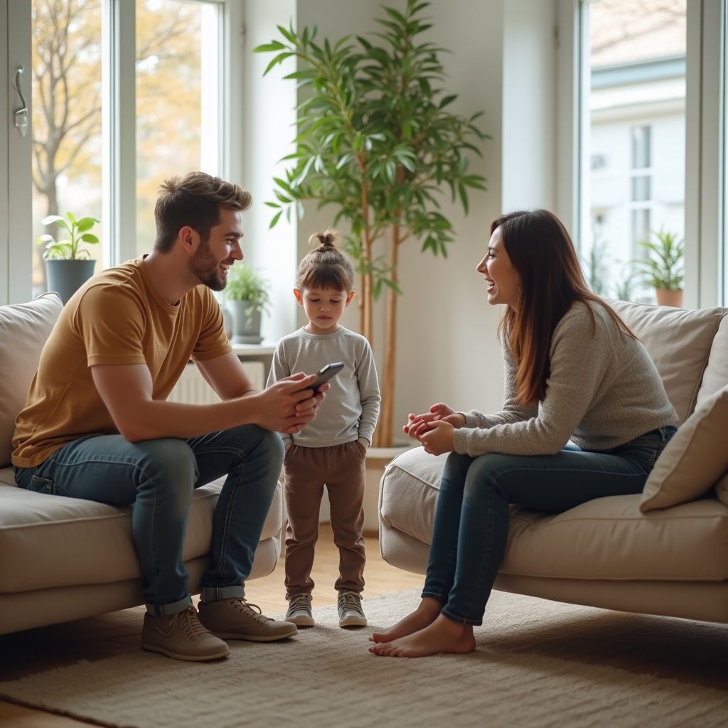 Family of three in a well-lit living room, talking. Child stands between parents seated on a couch.
