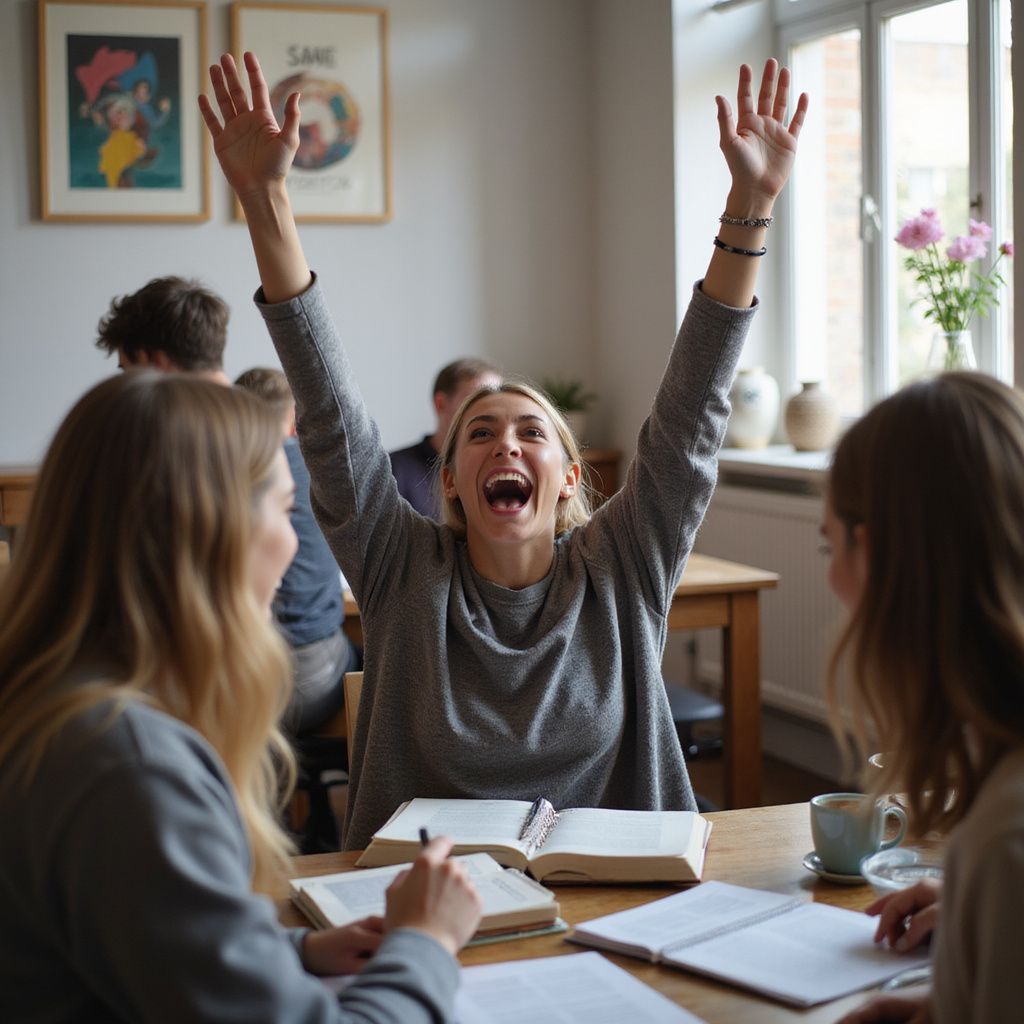 Woman celebrating with arms raised, studying with friends at a table. Books, flowers, and a window are visible.