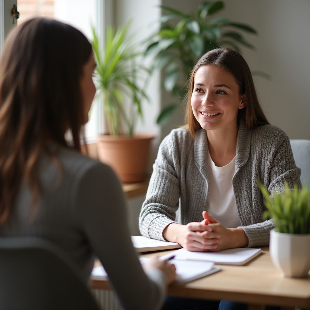 Woman in gray sweater smiles at another woman, in office setting, plants visible.