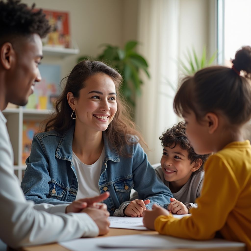 Three adults and two children at a table, smiling and interacting. Natural light.