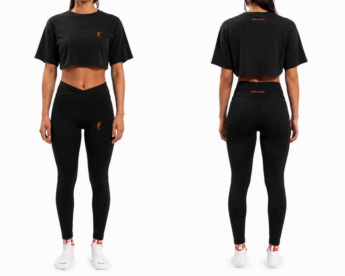 Front and back view of a person in black crop top and leggings with white sneakers on a white background