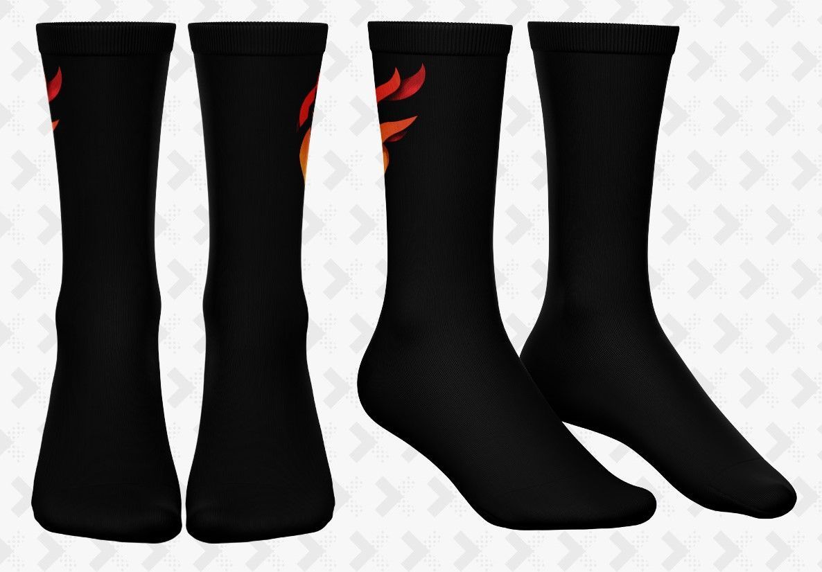 Black knee-high socks with red accents, shown front and side views on a white background