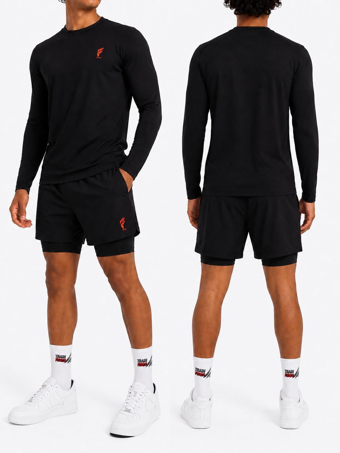 Man in black long-sleeve athletic top and shorts, shown front and back on a white background.
