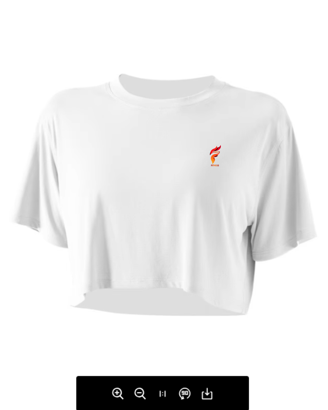 White cropped T-shirt with a small red-orange logo on the left chest