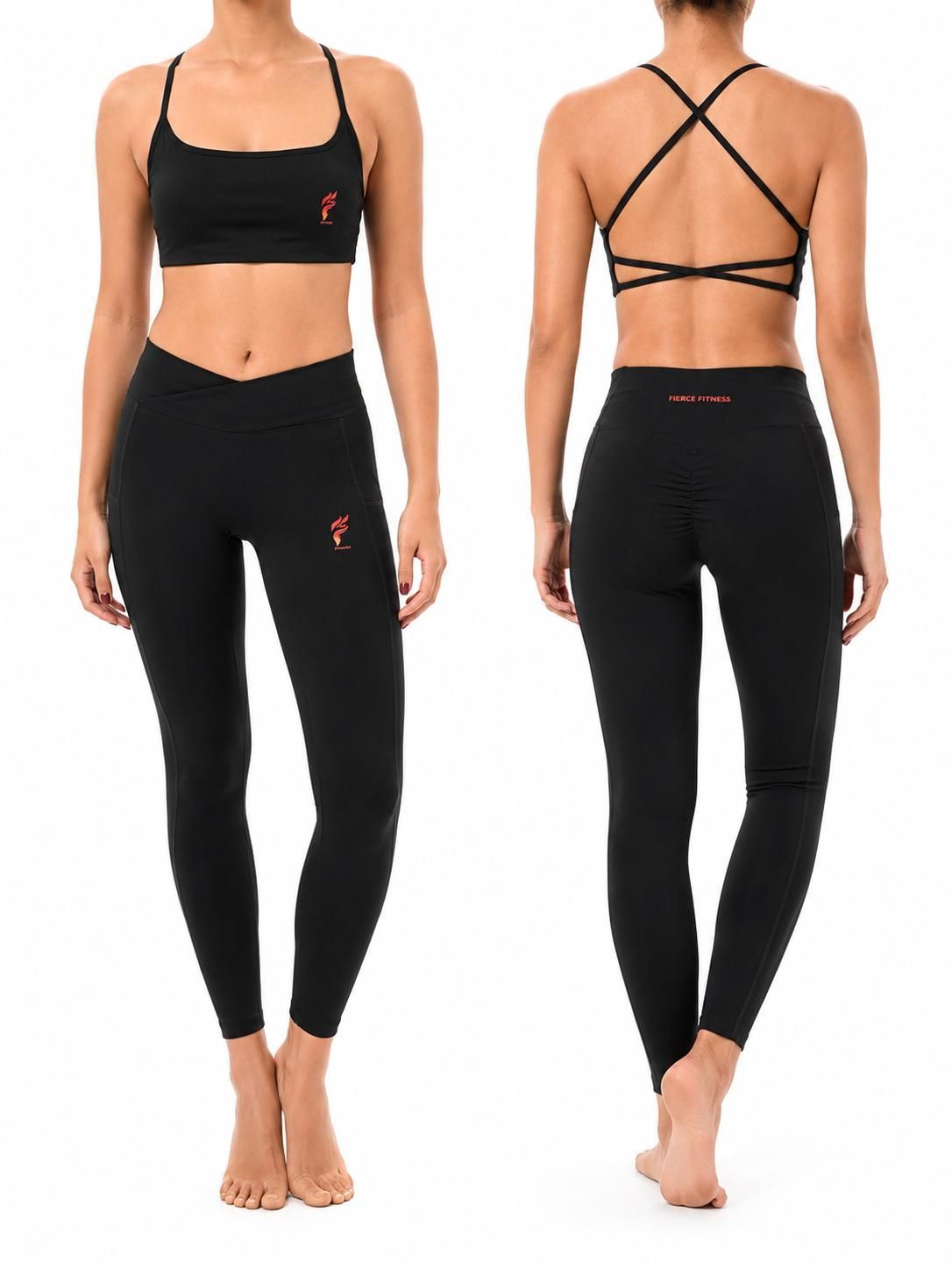 Black sports bra and leggings shown front and back on a model.