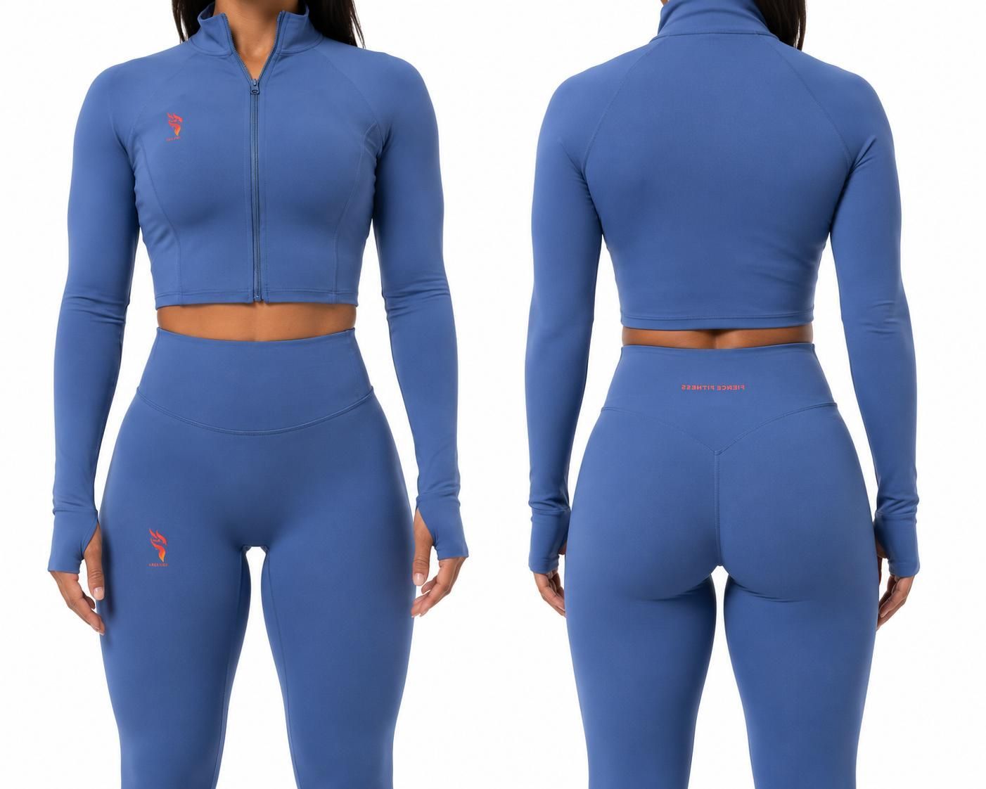 Blue long-sleeve athletic set shown front and back on a plain white background