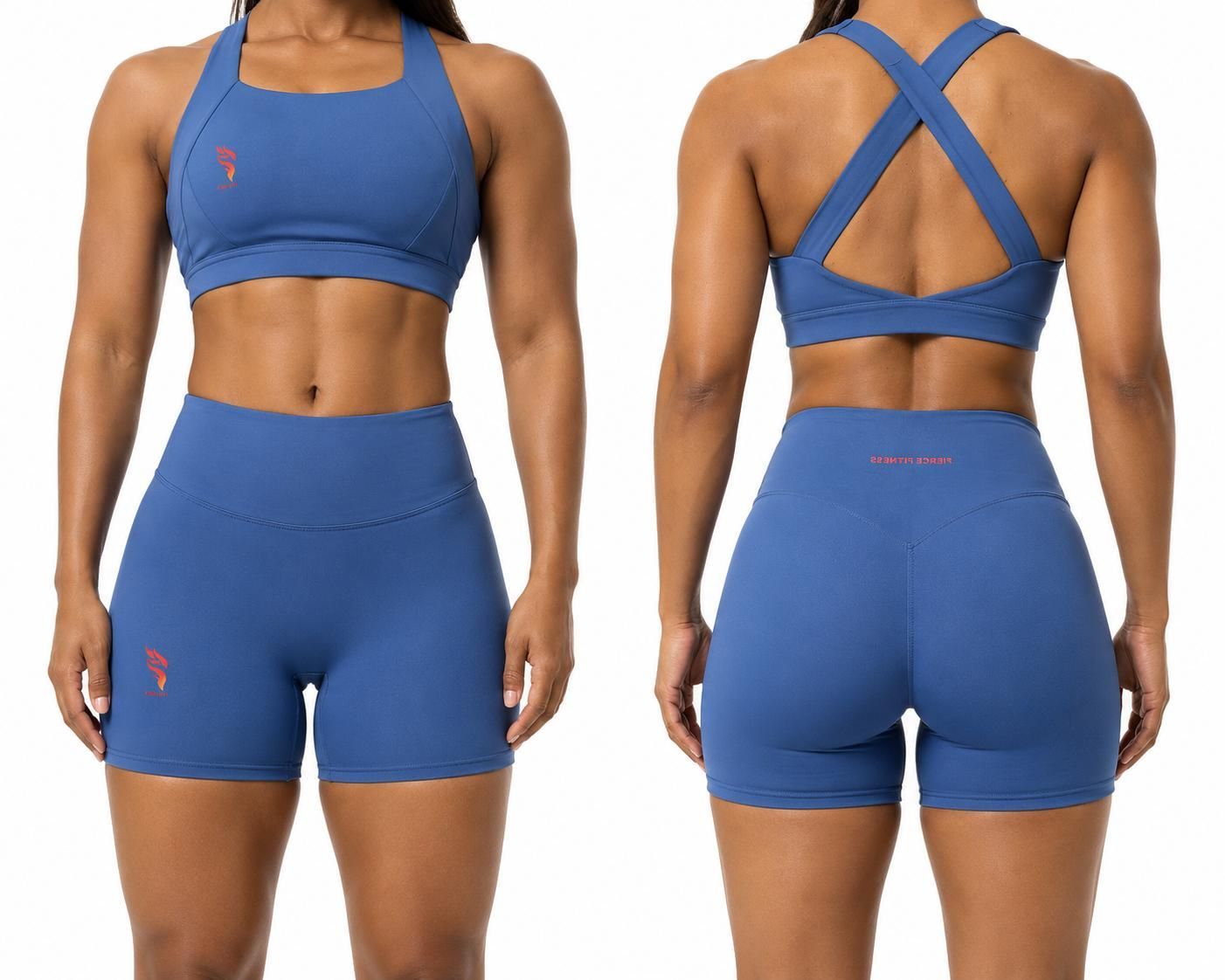 Blue athletic sports bra and biker shorts set shown from front and back on a model