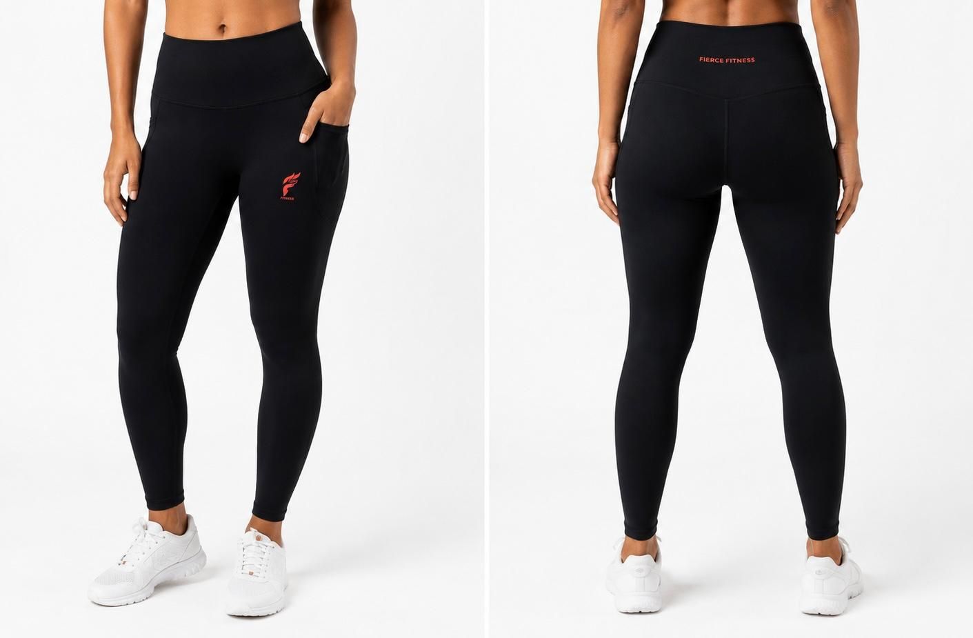 Black athletic leggings shown from front and back on a model against a white background