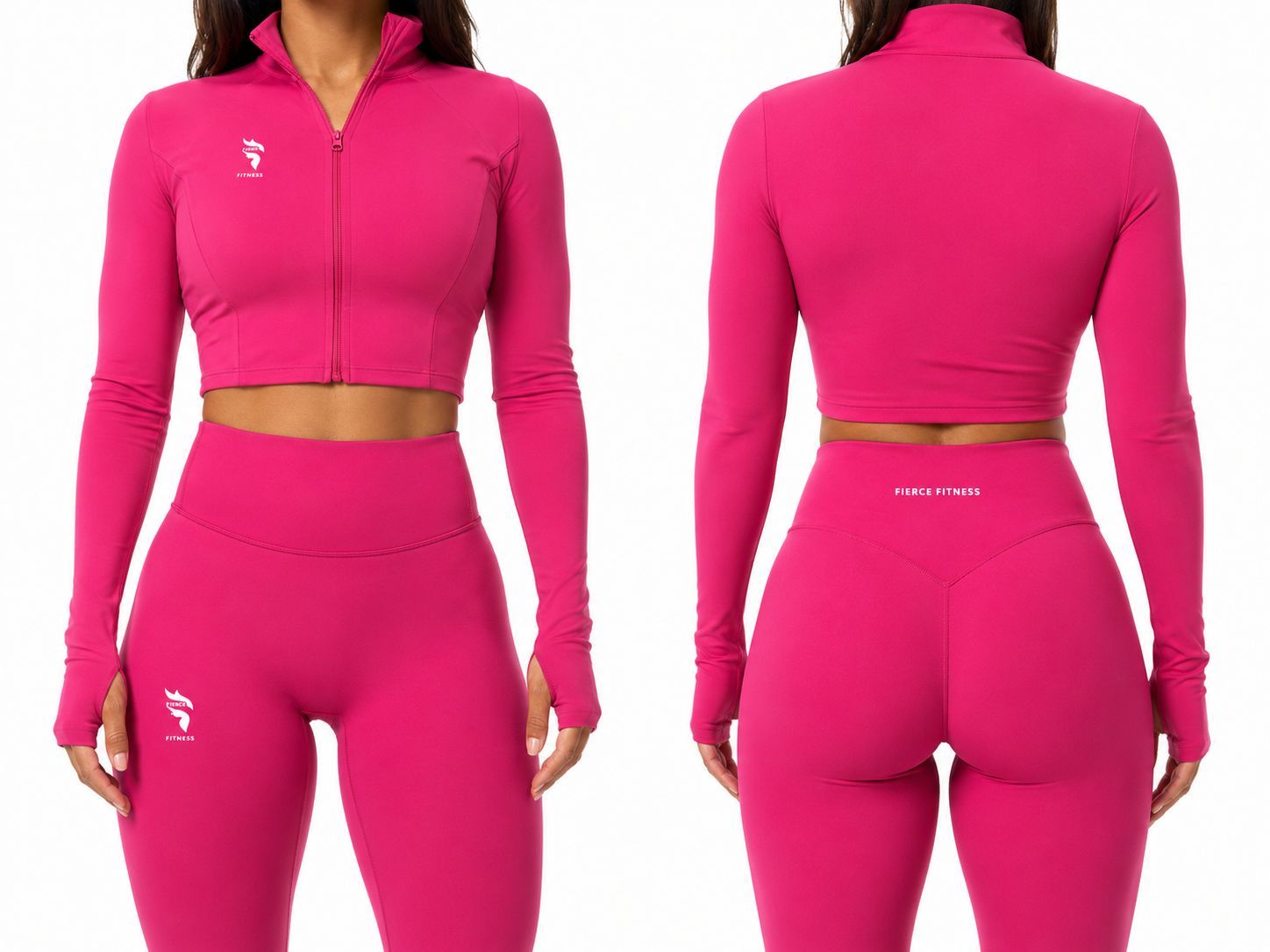 Pink long-sleeve crop top and matching leggings shown front and back on a white background