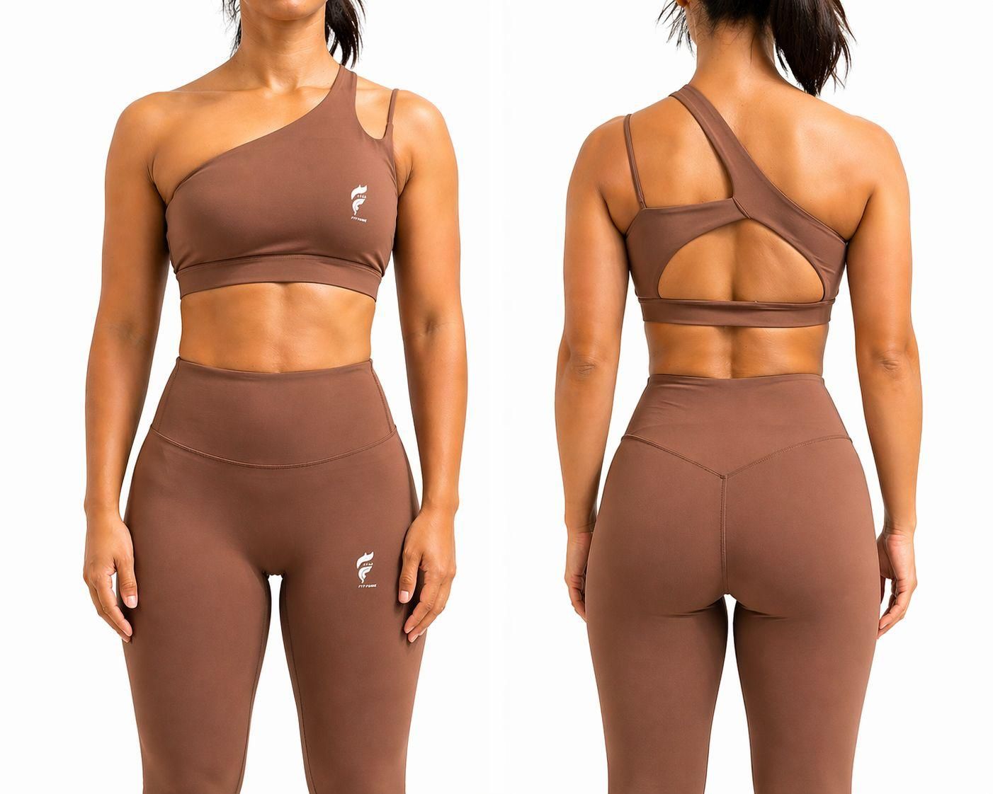 Front and back view of a brown athletic set with sports bra and leggings, showing strappy back design