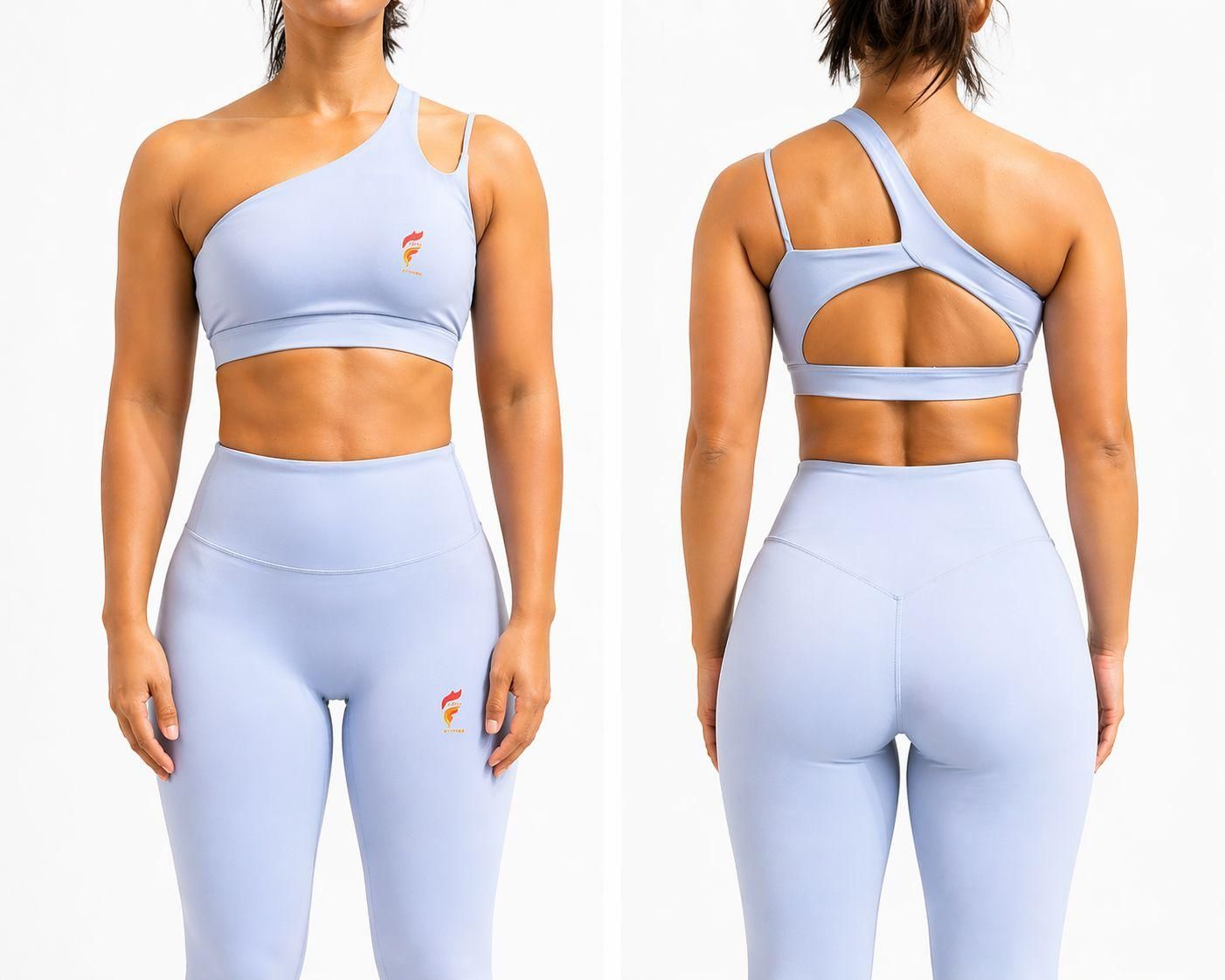 Front and back view of a light blue athletic set with crisscross sports bra and leggings