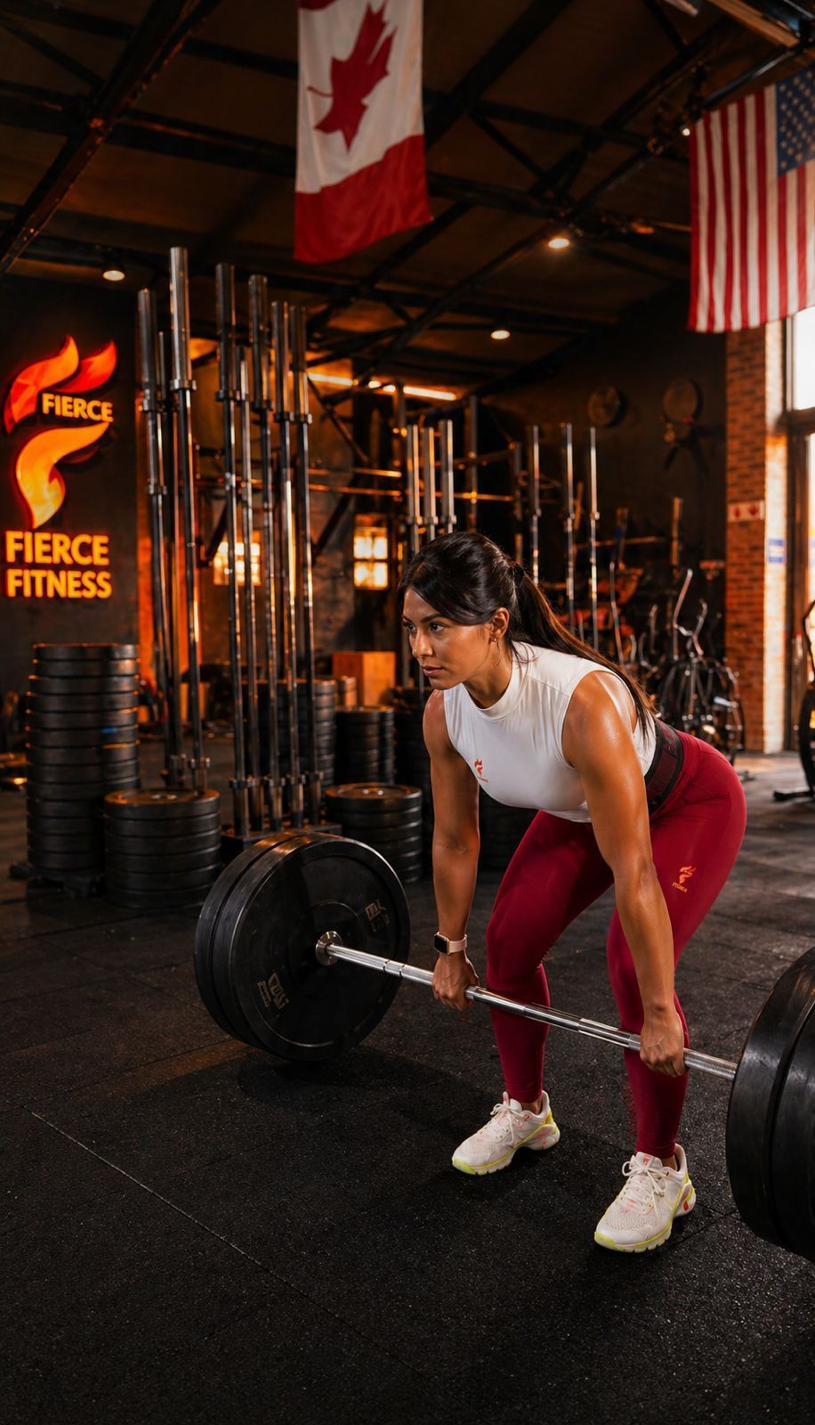 Athlete deadlifting a heavy barbell in a gym with flags and “Fierce Fitness” sign in the background
