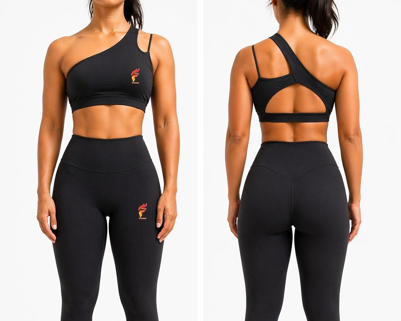 Front and back views of a model wearing a black athletic sports bra and leggings