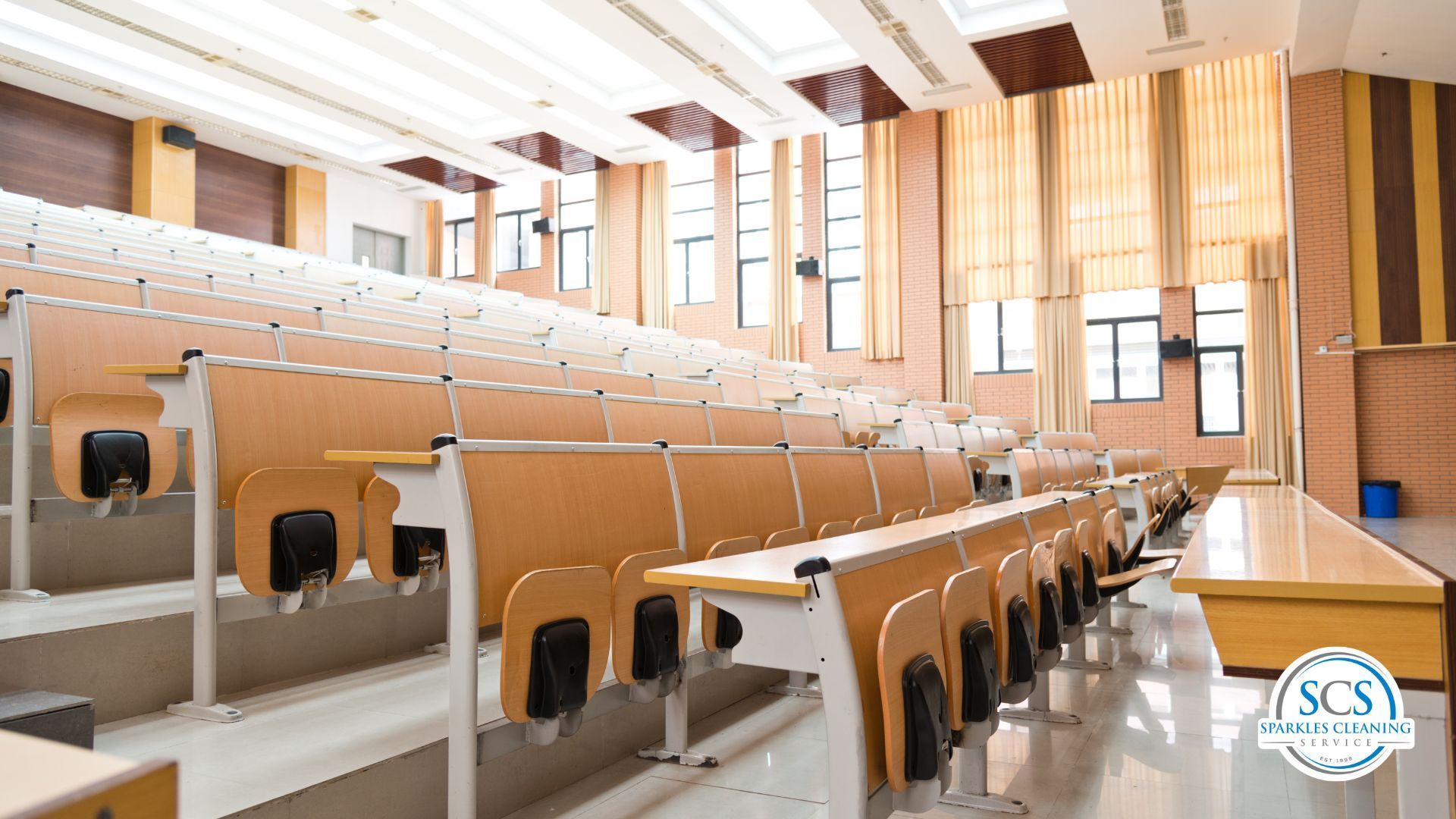 An empty lecture hall with rows of wooden chairs and tables.