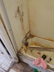 Mold-covered bathroom with damaged walls, shower fixtures, and stained tub.