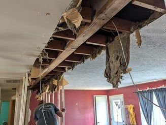 Collapsed ceiling exposing beams and insulation, with a person inspecting damage in a room.