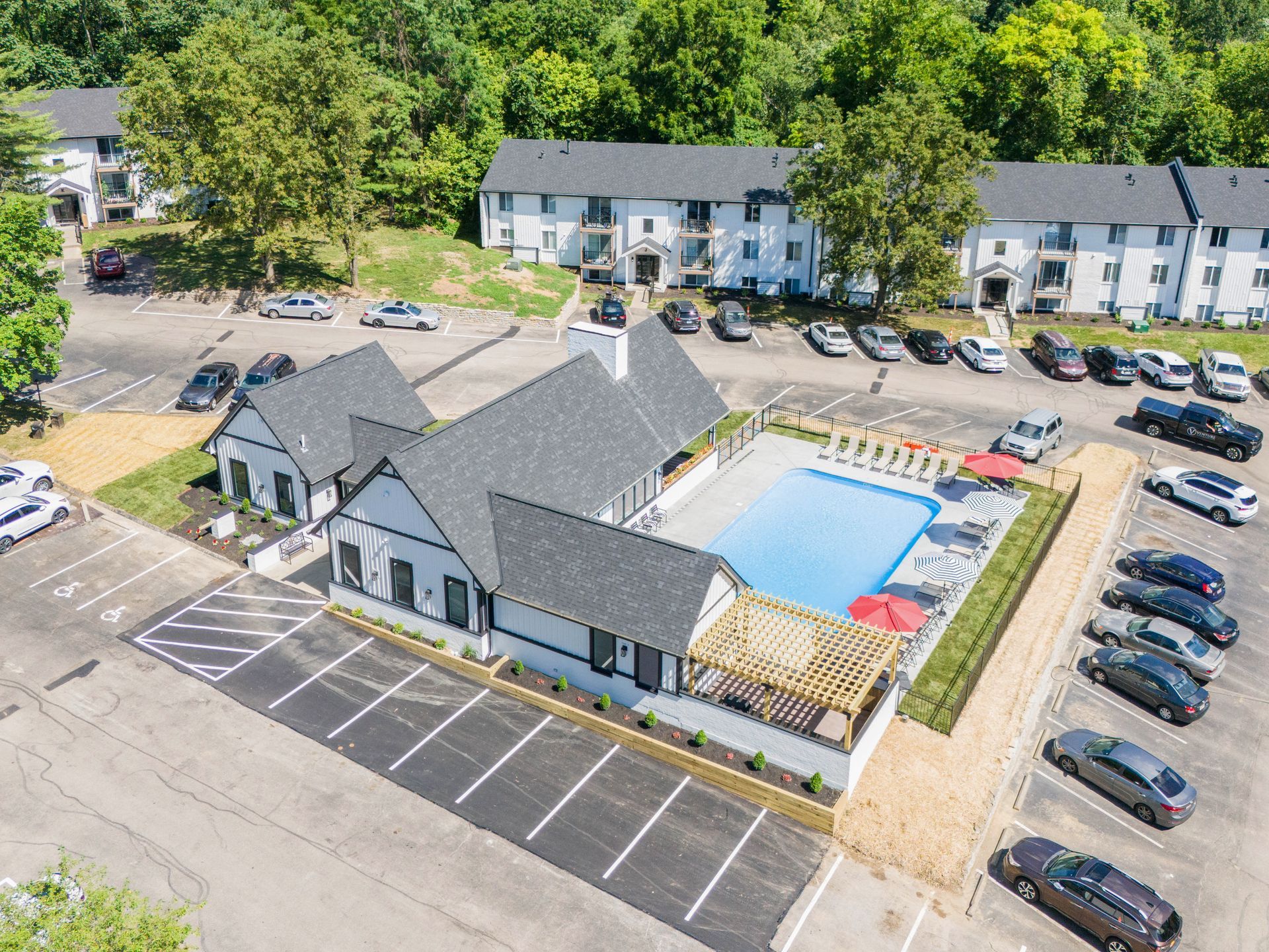 Ariel image of 8Ninety at Loveland clubhouse and pool