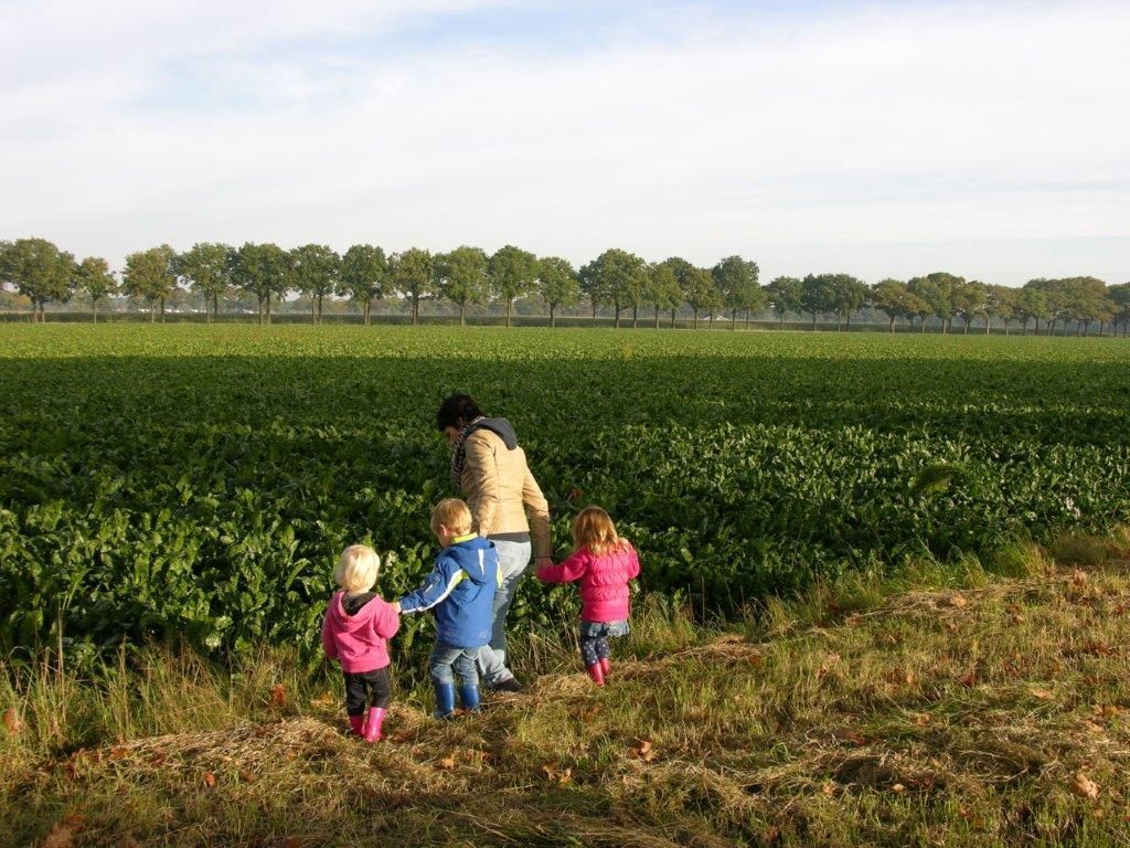 Vier mensen staan ​​op een zonnige dag in een grasveld.