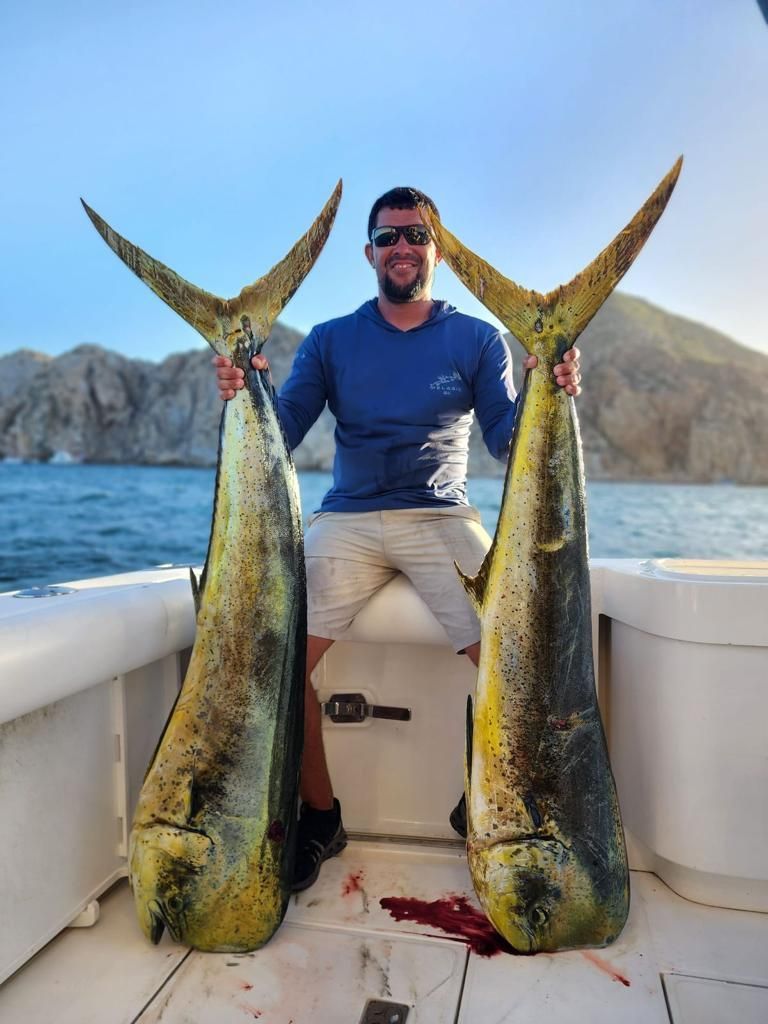 a man is sitting on a boat holding two large fish .
