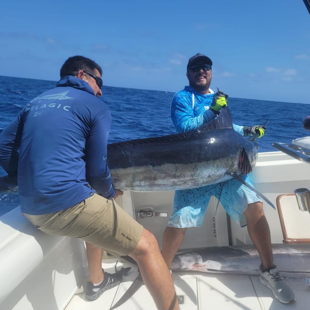 two men are sitting on a boat holding a large fish .