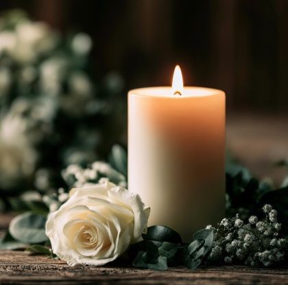 Memorial candle and white rose for funeral homes in Punta Gorda, FL.