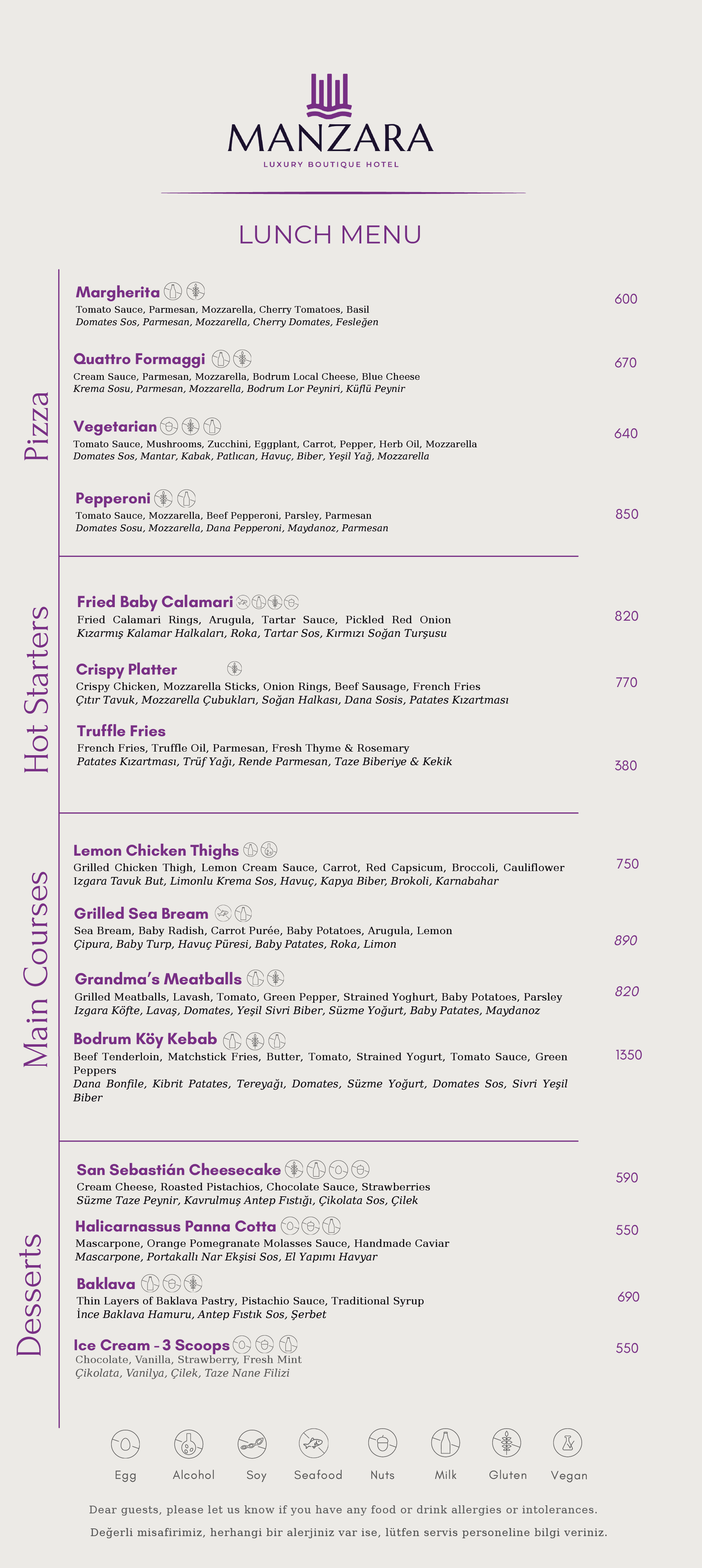 A menu for a restaurant called manzara