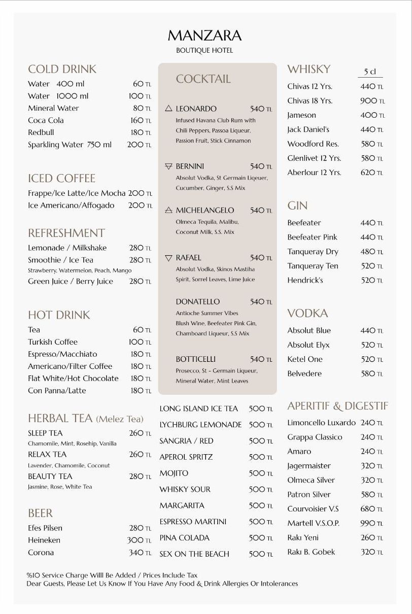 A menu for a restaurant shows a variety of drinks.