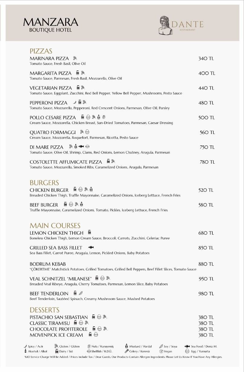 A menu for a restaurant called manzara