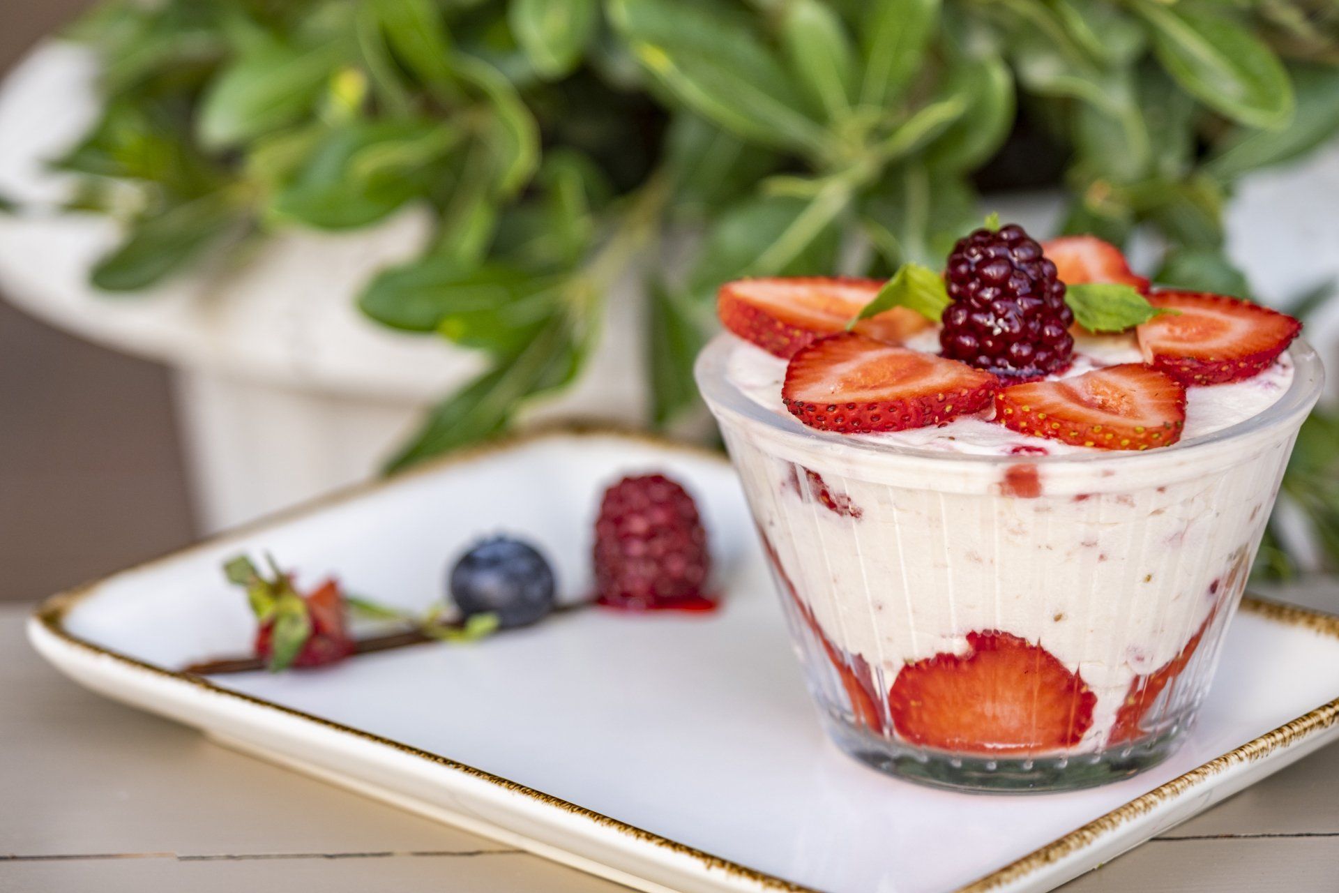 A cup of yogurt with strawberries and blackberries on top on a white plate.