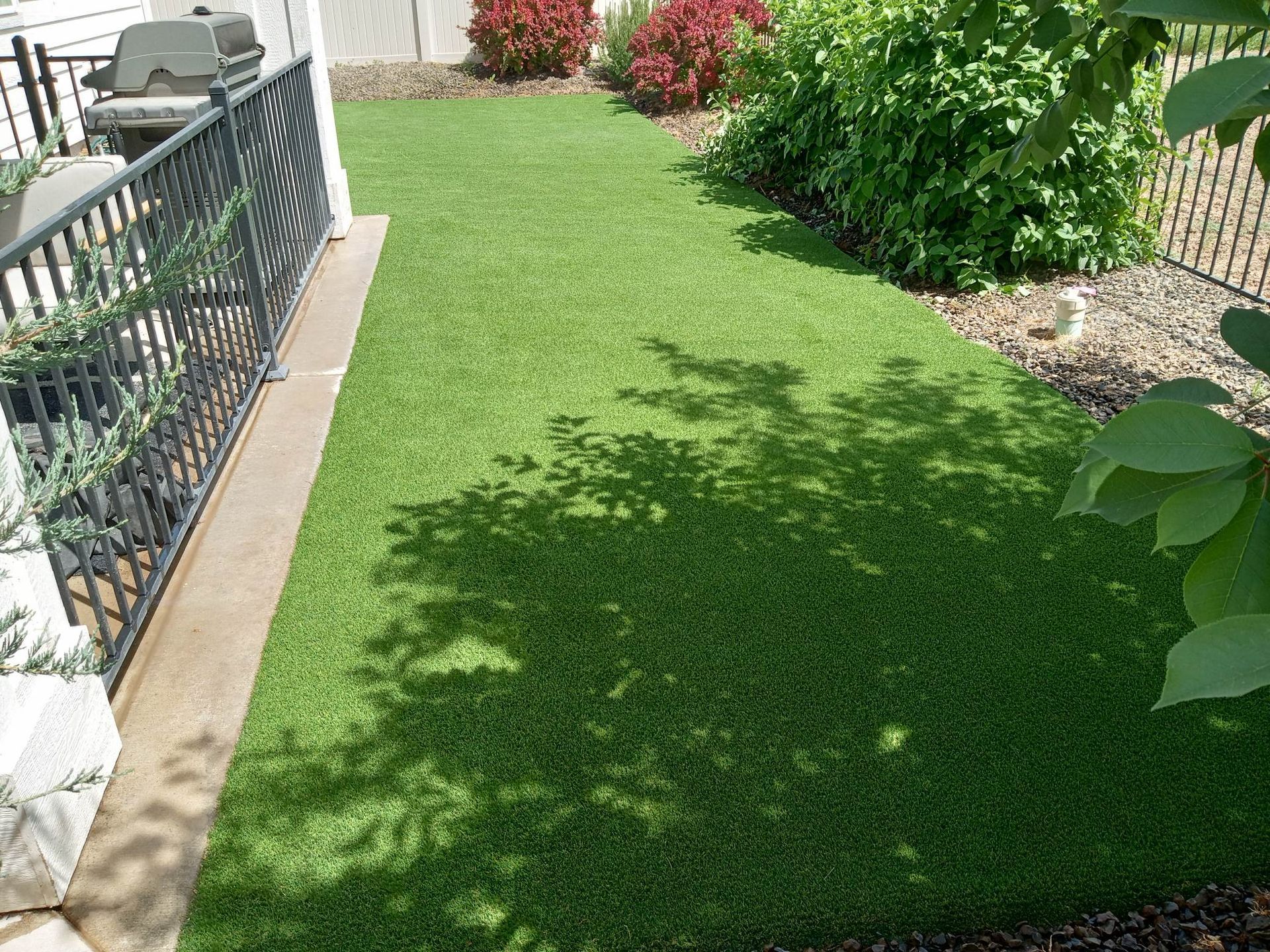 Artificial green turf beside a house with black railing and bushes; sunny with shadows.