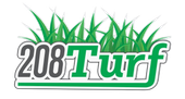 Logo for 208 Turf, green and gray text with green grass graphic.