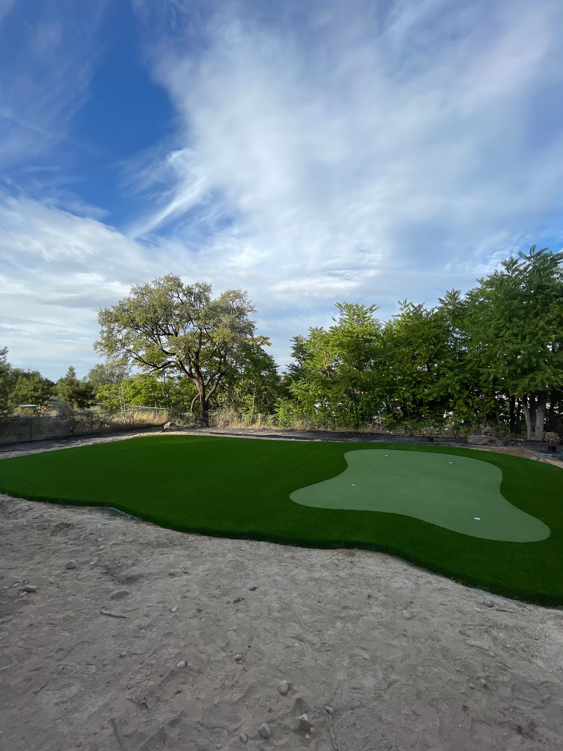 A small artificial putting green with a hole, surrounded by dirt, trees, and blue sky with clouds.