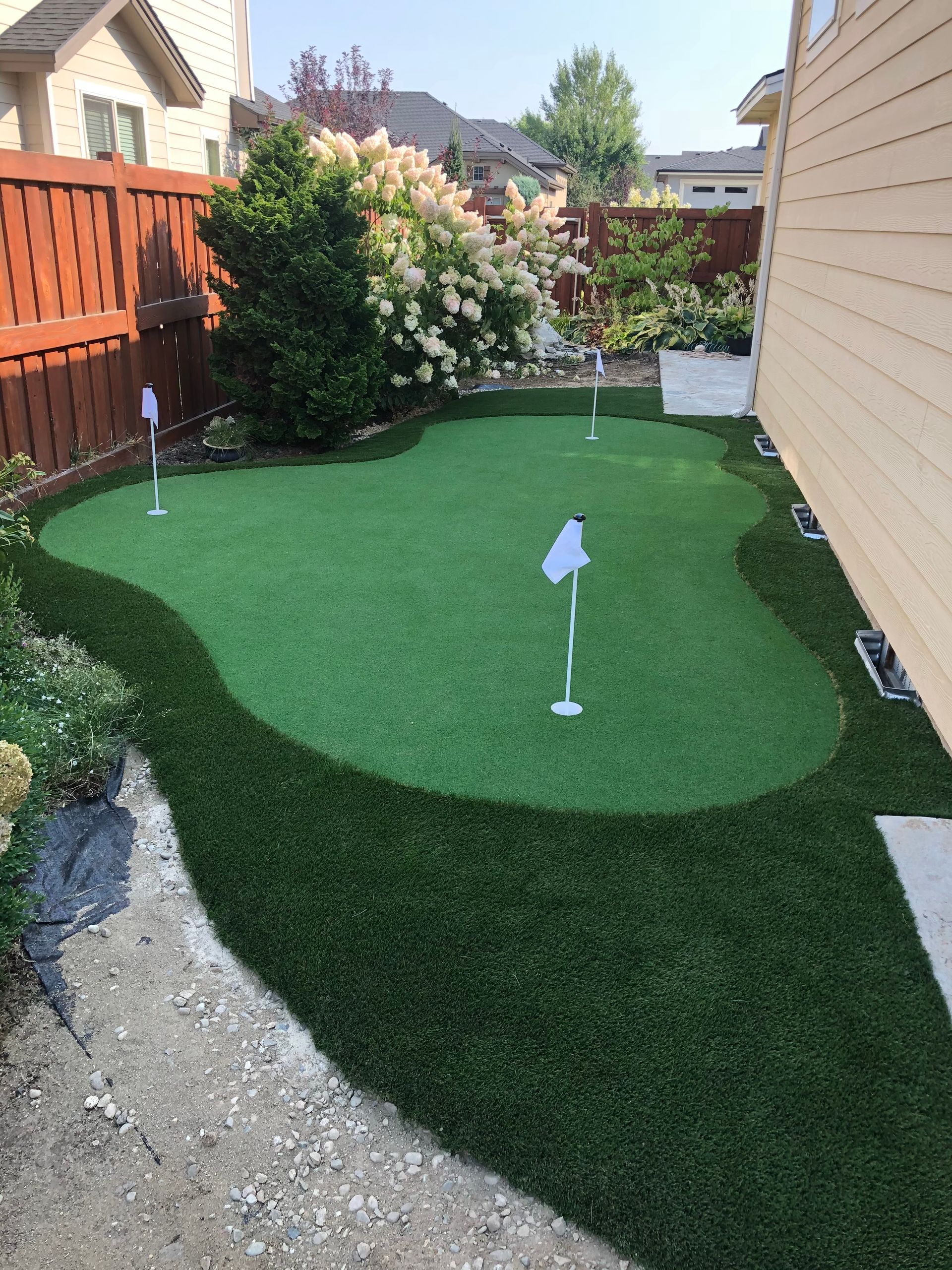 Backyard putting green with multiple holes, surrounded by dark green border, lush landscaping, and wooden fence.