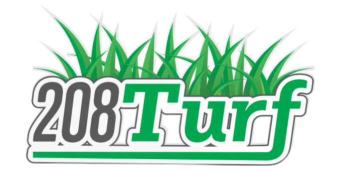 Logo for 208 Turf, green and gray text with grass illustration.