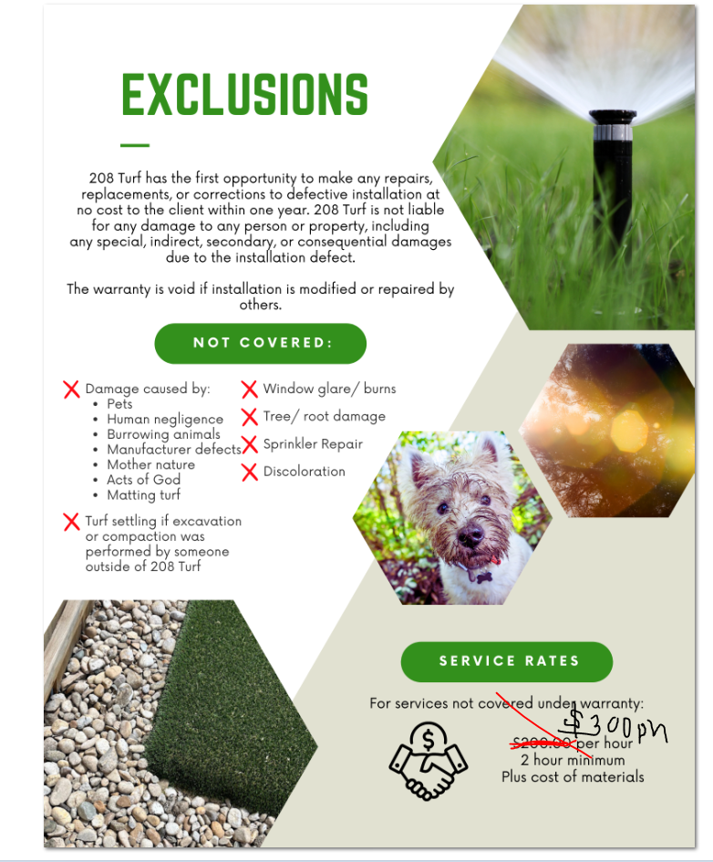 Turf warranty exclusions: lawn sprinkler, dog, and service rates listed on flyer.
