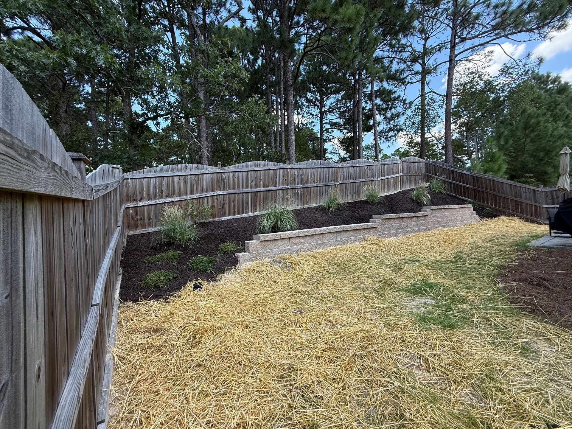 Wooden fence surrounds a tiered backyard with mulch and planted beds, and trees.