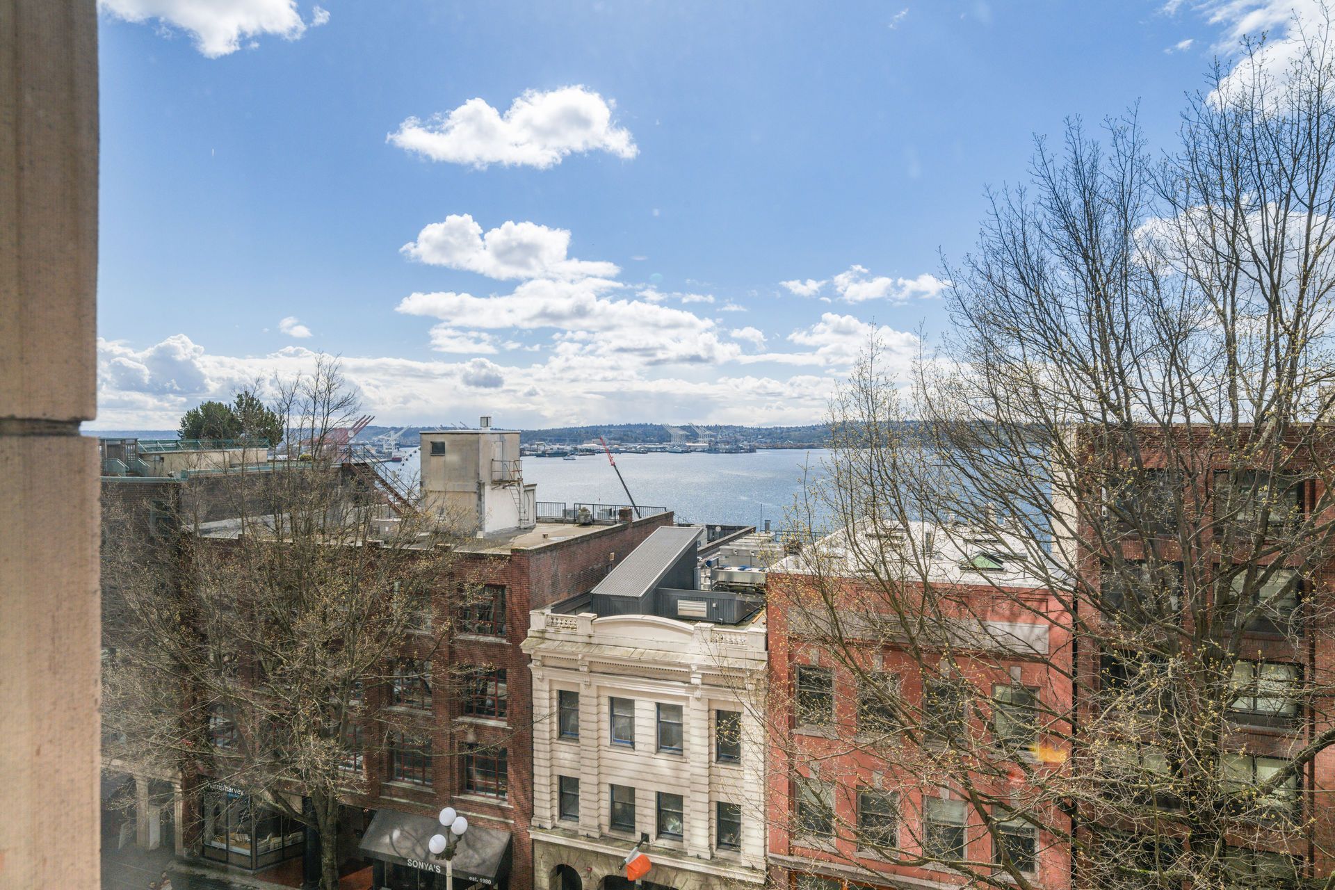 View of a city street with red brick buildings, bare trees, and a body of water under a partly cloudy sky.