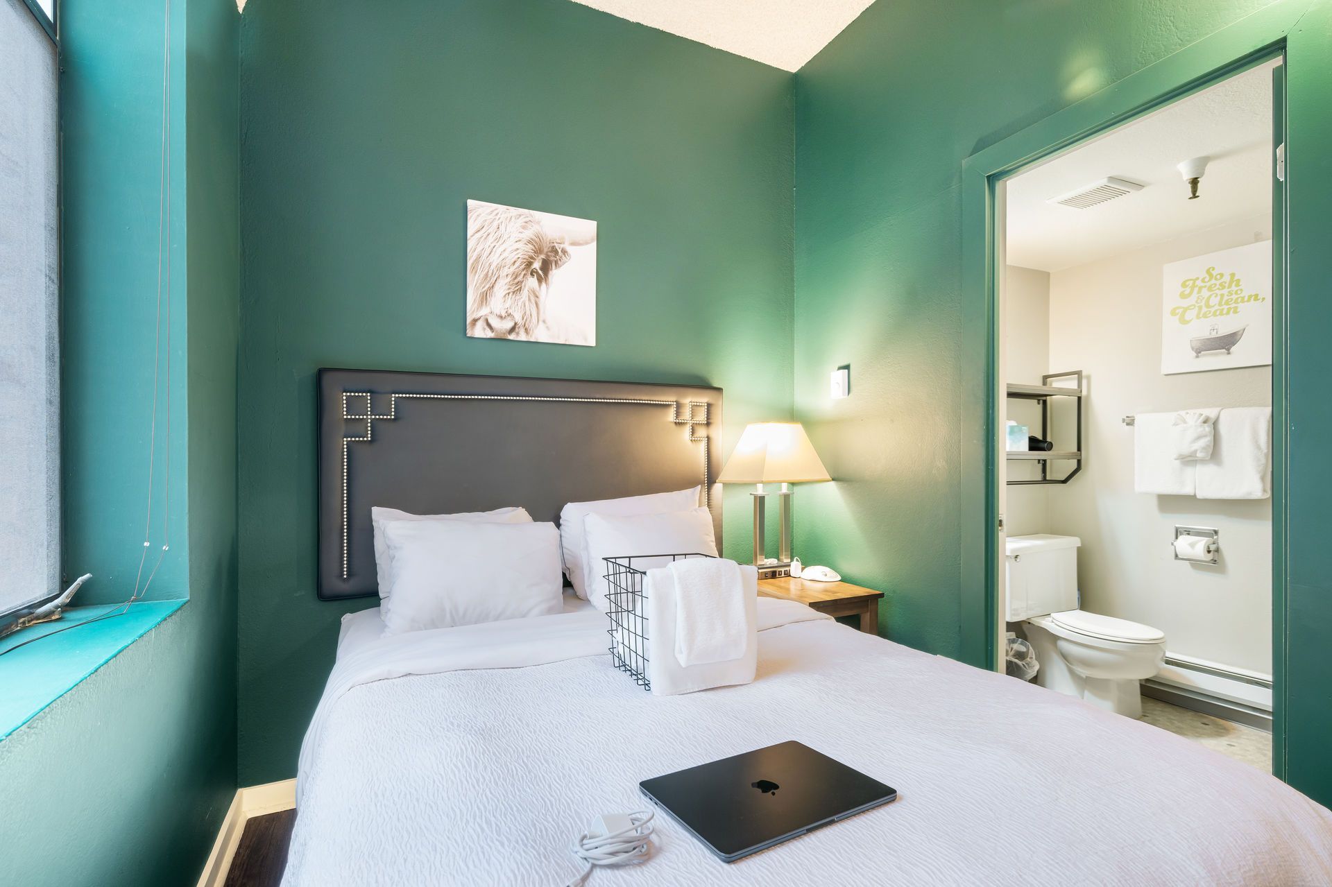 Small hotel room with teal walls, a single bed, and an open bathroom door.