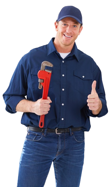 A man in a blue shirt is holding a wrench and giving a thumbs up