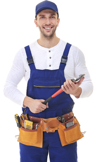 A man in overalls is holding a wrench and a cell phone.
