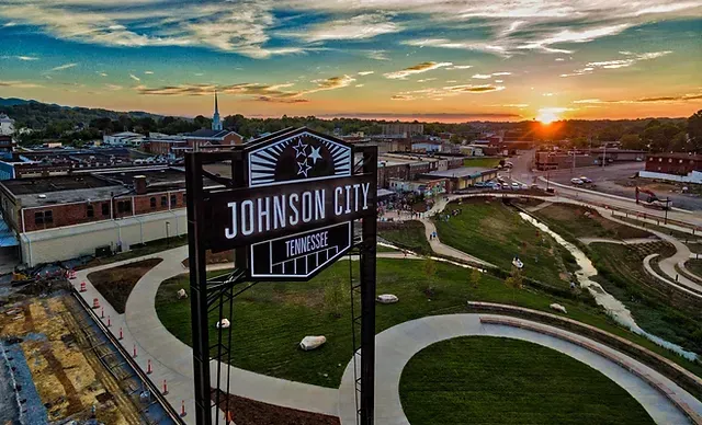 Johnson City Sign overlooking Founder's Park in Johnson City