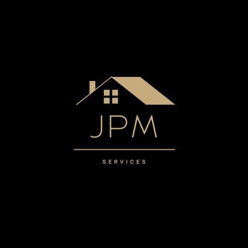 A logo for jpm services with a house on a black background.