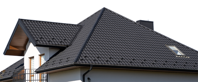 A white house with a black roof and a skylight.