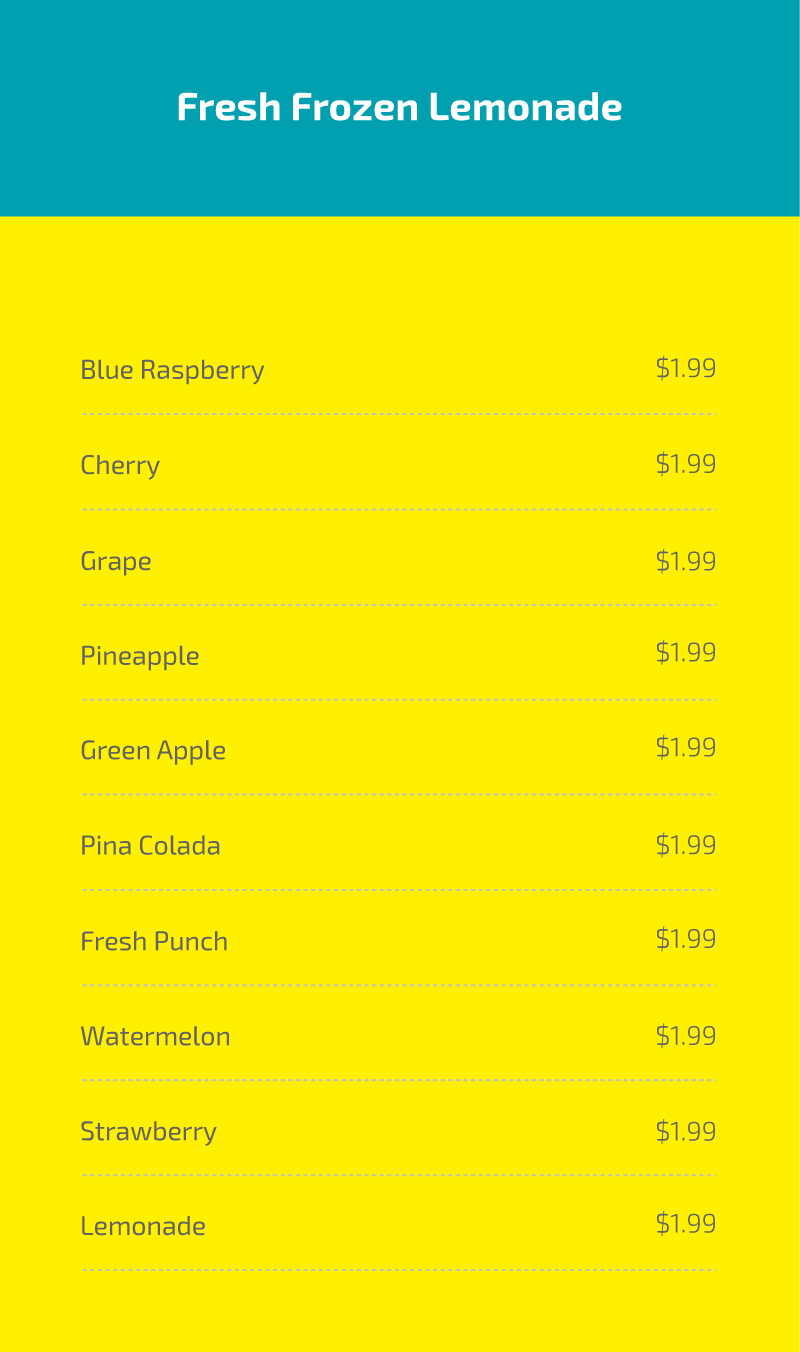 A yellow and blue menu for fresh frozen lemonade.